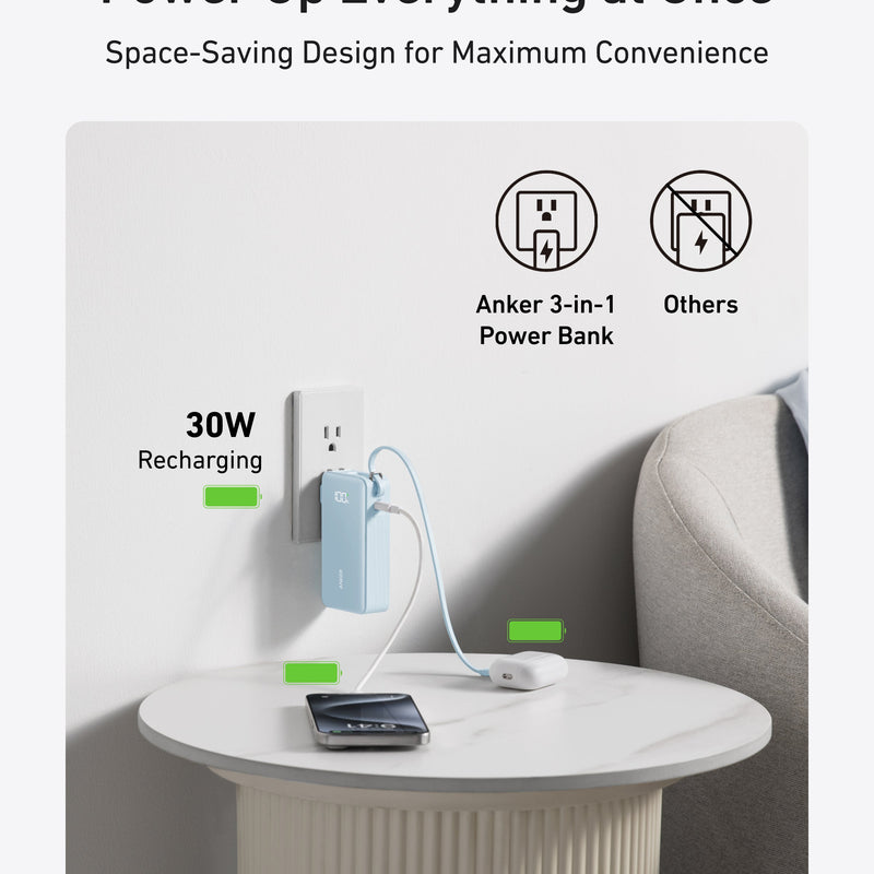 Anker Power Bank 10K with built-in USB-C cable in black, compact portable charger for smartphones and devices.