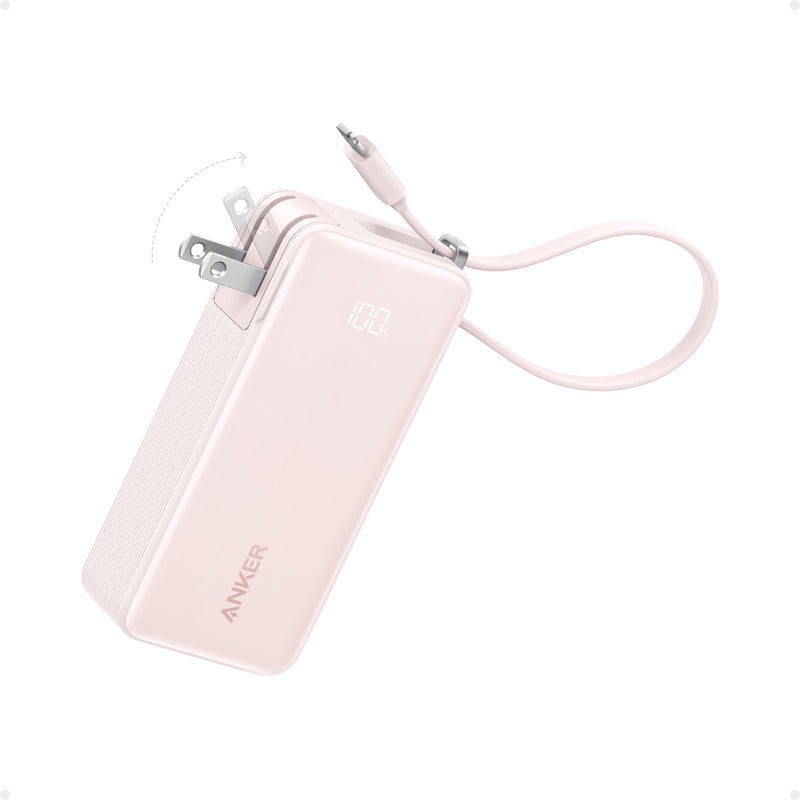 Anker Power Bank 10K Fusion with built-in USB-C cable in black, portable device for charging on the go.