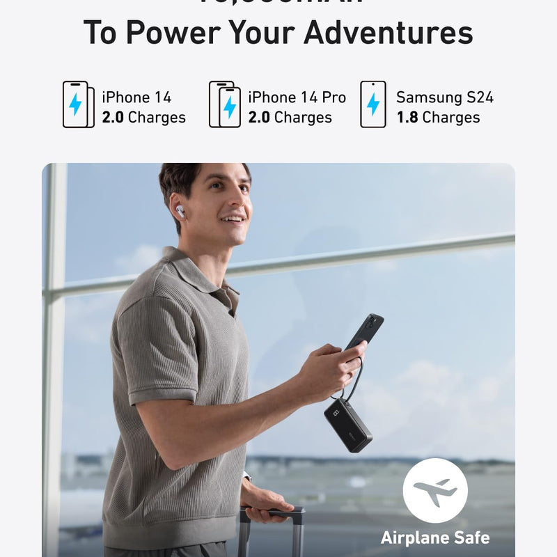 Anker Power Bank 10K Fusion with built-in USB-C cable in black, portable device for charging on the go.