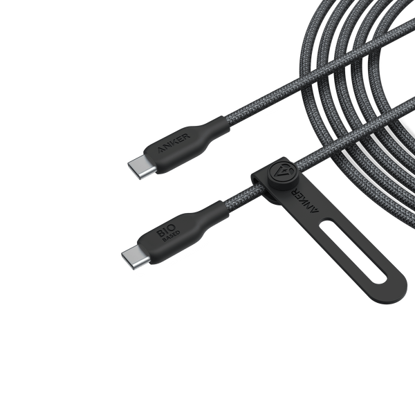 Anker 543 USB-C to USB-C charging cable, 10-foot bio-braided black cable for fast charging and durable connection.