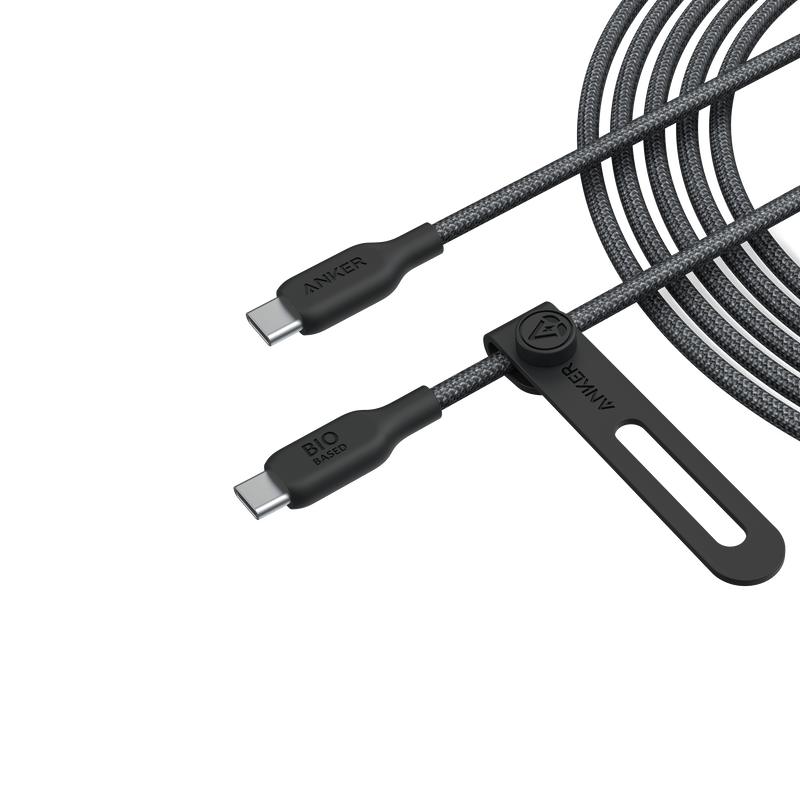Anker 543 USB-C to USB-C charging cable, 10-foot bio-braided black cable for fast charging and durable connection.