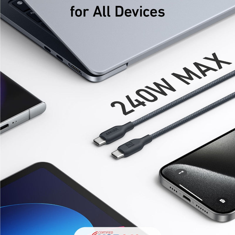 Anker 543 USB-C to USB-C charging cable, 10ft black bio-braided design, durable and ideal for fast charging devices.