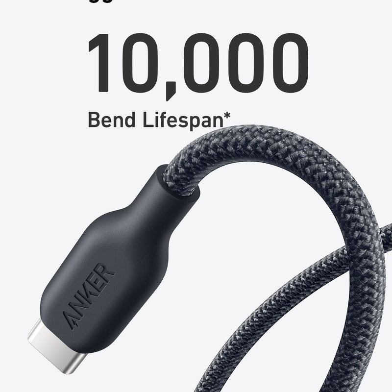 Anker 543 USB-C to USB-C charging cable, 10 ft black bio-braided design for durable fast charging and data transfer.