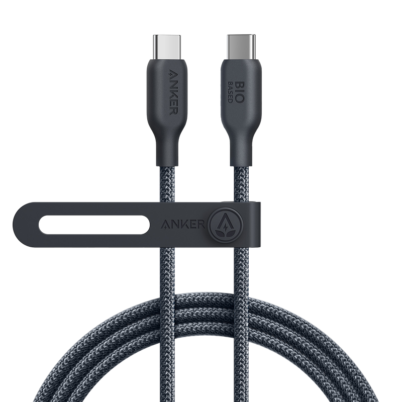 Anker 543 USB-C to USB-C charging cable, 10 ft black bio-braided cable for fast device charging and durability.