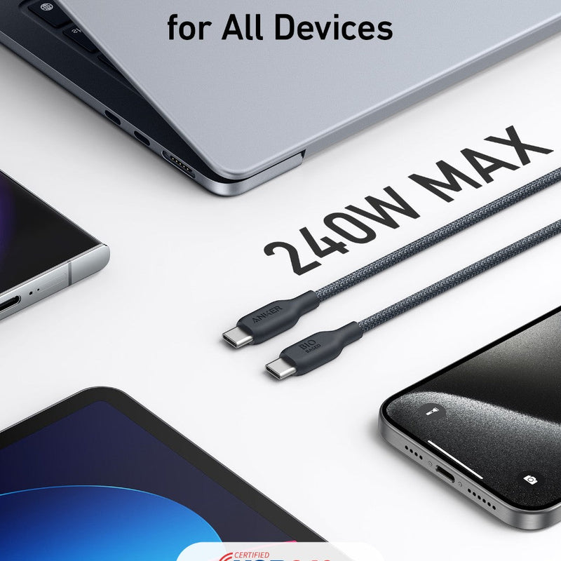 Anker 543 USB-C to USB-C bio-braided charging cable, 10-foot black color, durable and flexible for fast charging devices.