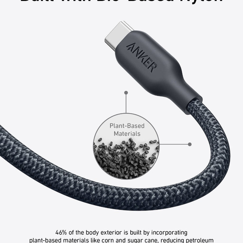 Anker 543 USB-C to USB-C charging cable, 10 ft black bio-braided design for durable, fast charging and data transfer.