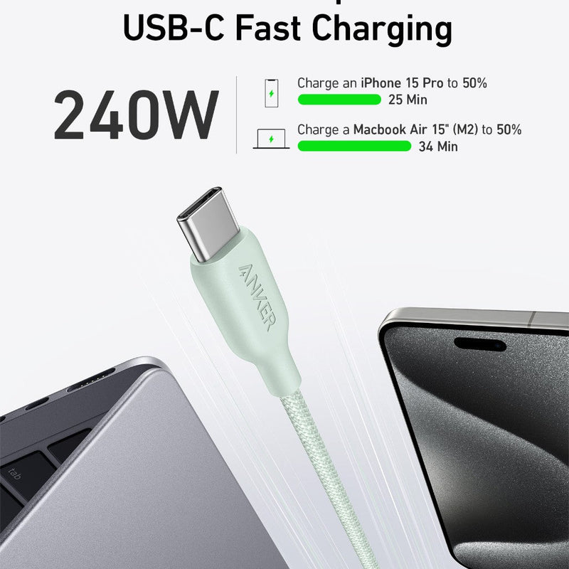 Anker 543 USB-C to USB-C charging cable, 10-foot bio-braided black cable for fast device charging and data transfer.