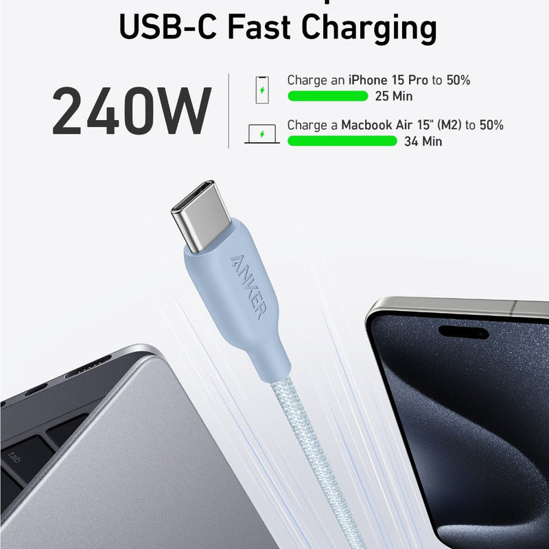 Anker 543 USB-C to USB-C charging cable, 10 ft black bio-braided USB-C cable for fast device charging.