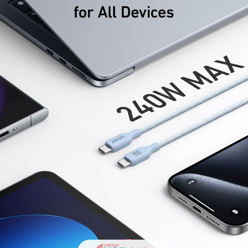 Anker 543 USB-C to USB-C charging cable, 10-foot black bio-braided design for durable device charging.