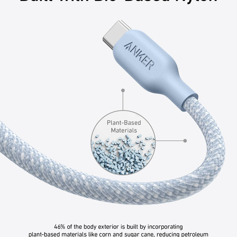 Anker 543 USB-C to USB-C charging cable, 10ft black bio-braided design for durable fast charging and data transfer.