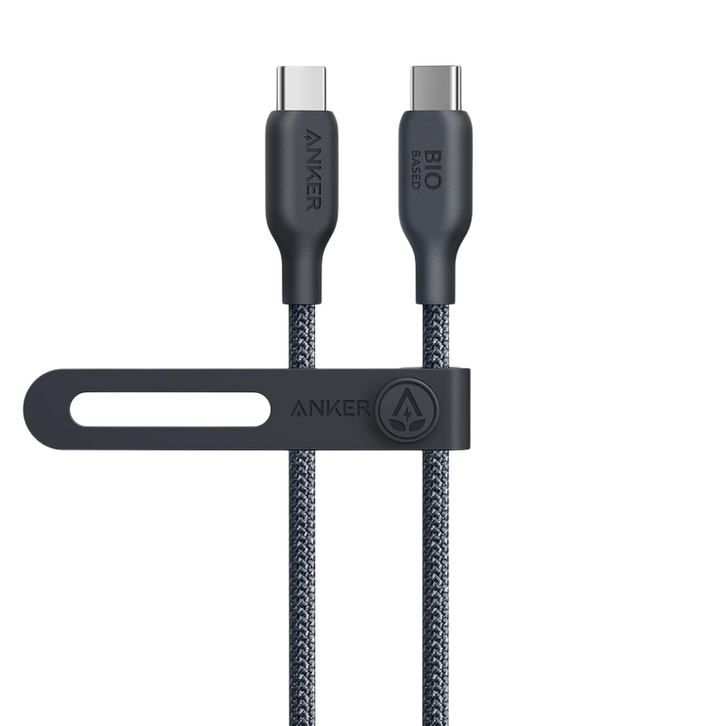 Anker 543 USB-C to USB-C bio-braided charging cable, 10 ft black, designed for fast and durable charging.