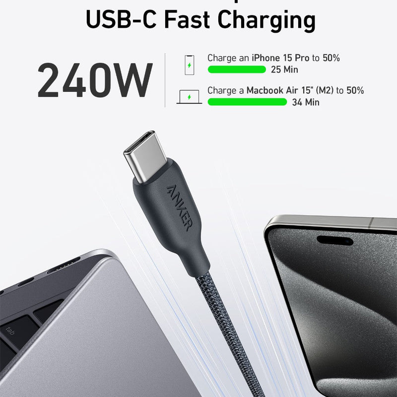 Anker 543 USB-C to USB-C charging cable, 10 ft black bio-braided USB-C cable for fast charging and durability.