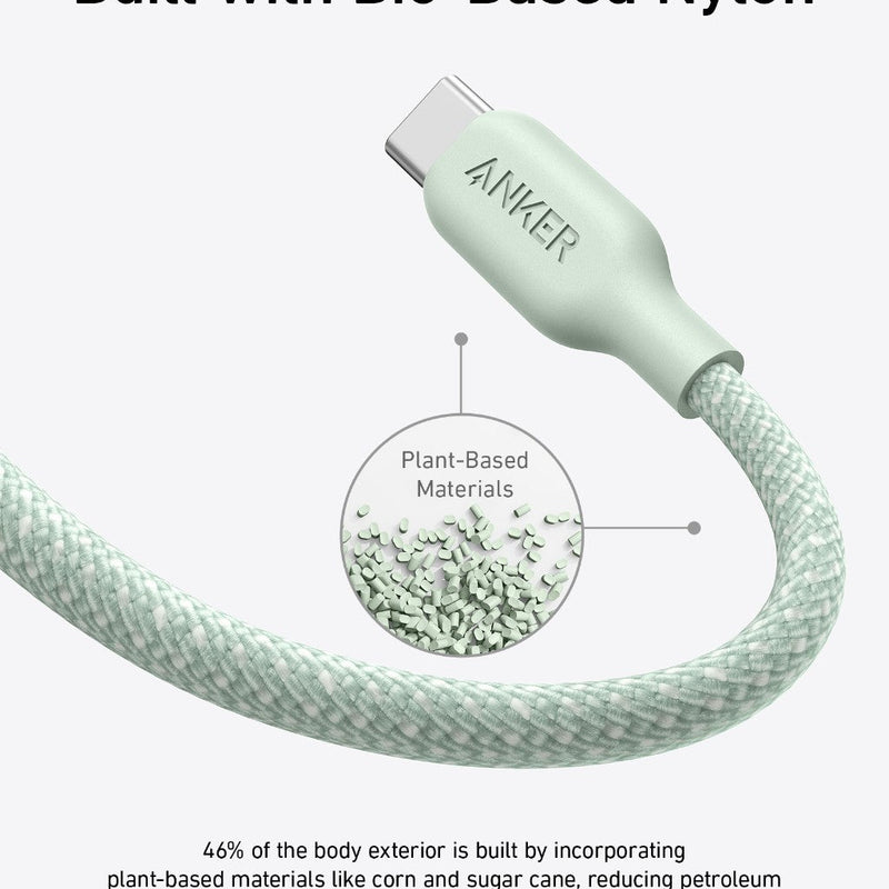 Anker 543 USB-C to USB-C charging cable, 10 ft black bio-braided USB-C cable for fast charging and durable use.