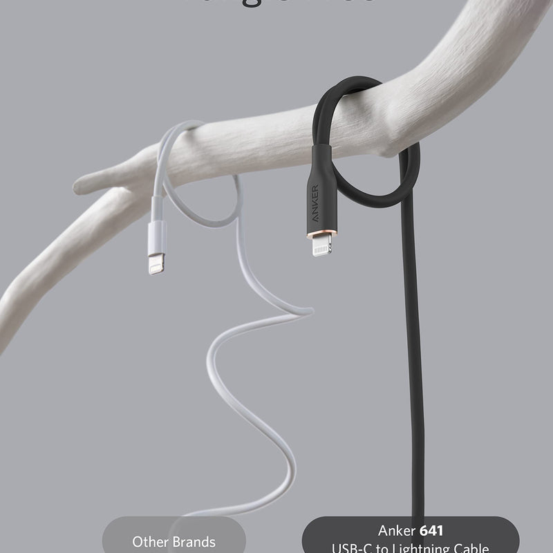 Anker 641 USB-C to Lightning charging cable in midnight black with silicone coating, 3ft length for Apple device charging.