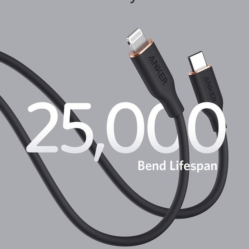 Anker 641 USB-C to Lightning Cable for charging, 3ft silicone design in midnight black, compatible with Apple devices.