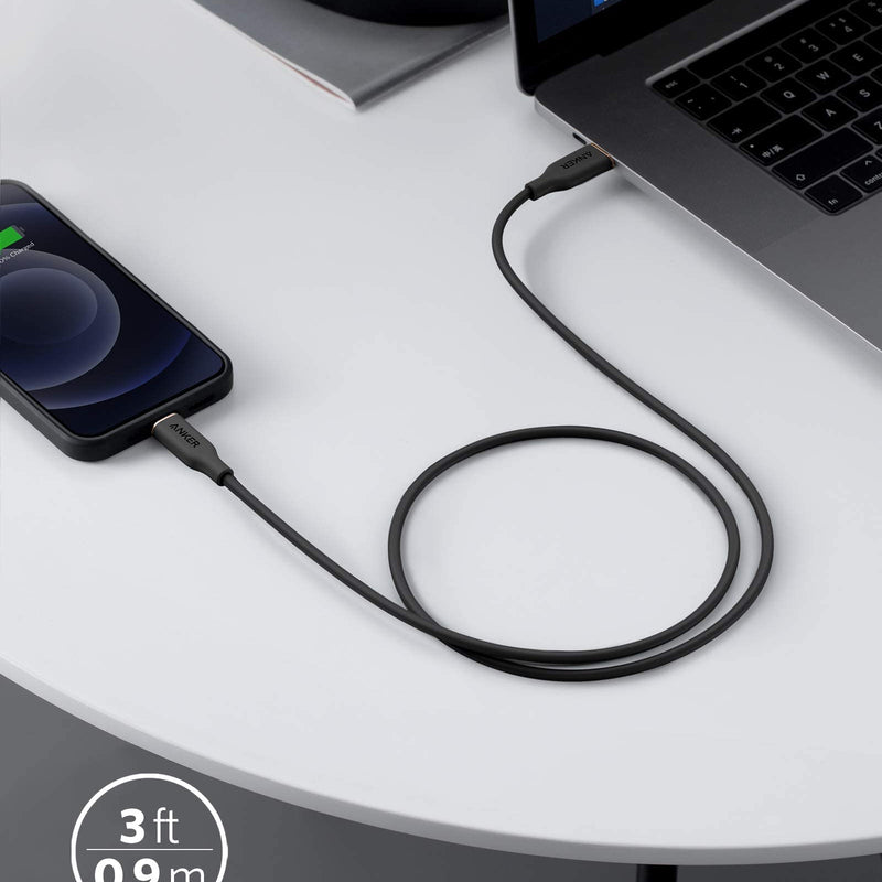 Anker 641 USB-C to Lightning cable in midnight black, silicone design, used for charging devices, 3-foot length, charging only.