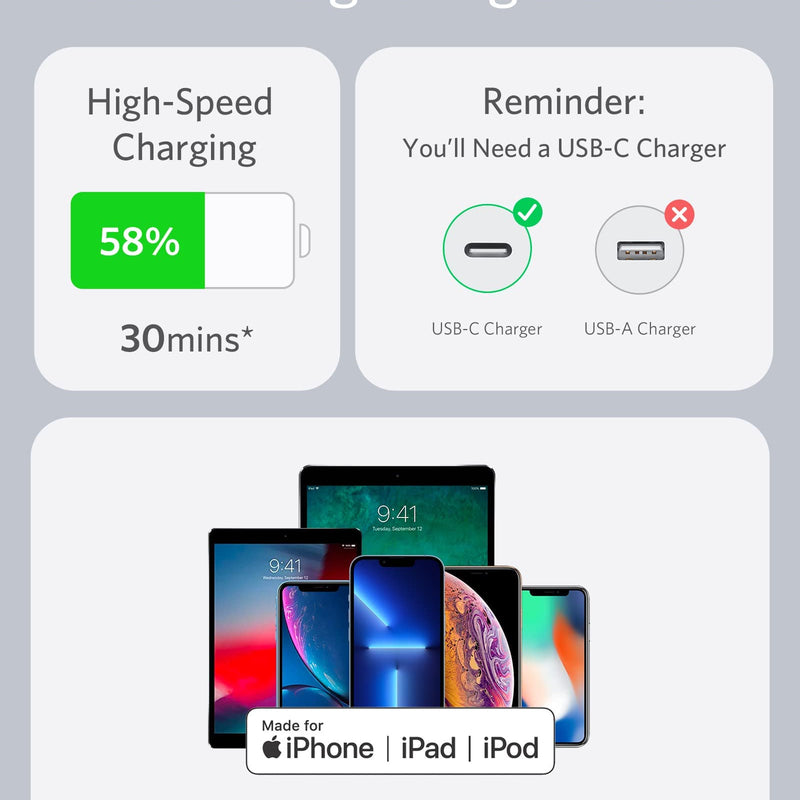 Anker 641 USB-C to Lightning charging cable, 3ft silicone Flow design in midnight black, compatible with Apple devices.