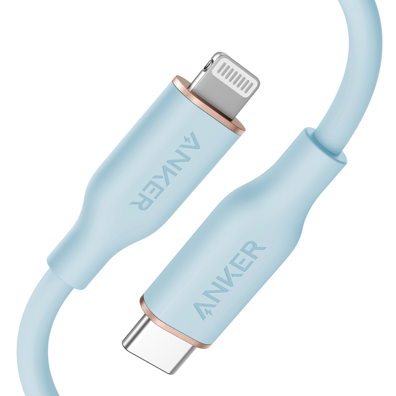 Anker 641 USB-C to Lightning charging cable in midnight black, silicone design, 3ft length, for fast device charging.