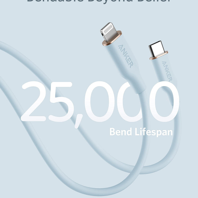 Anker 641 USB-C to Lightning Cable in midnight black, silicone design, charging only, 3-foot length for Apple devices.
