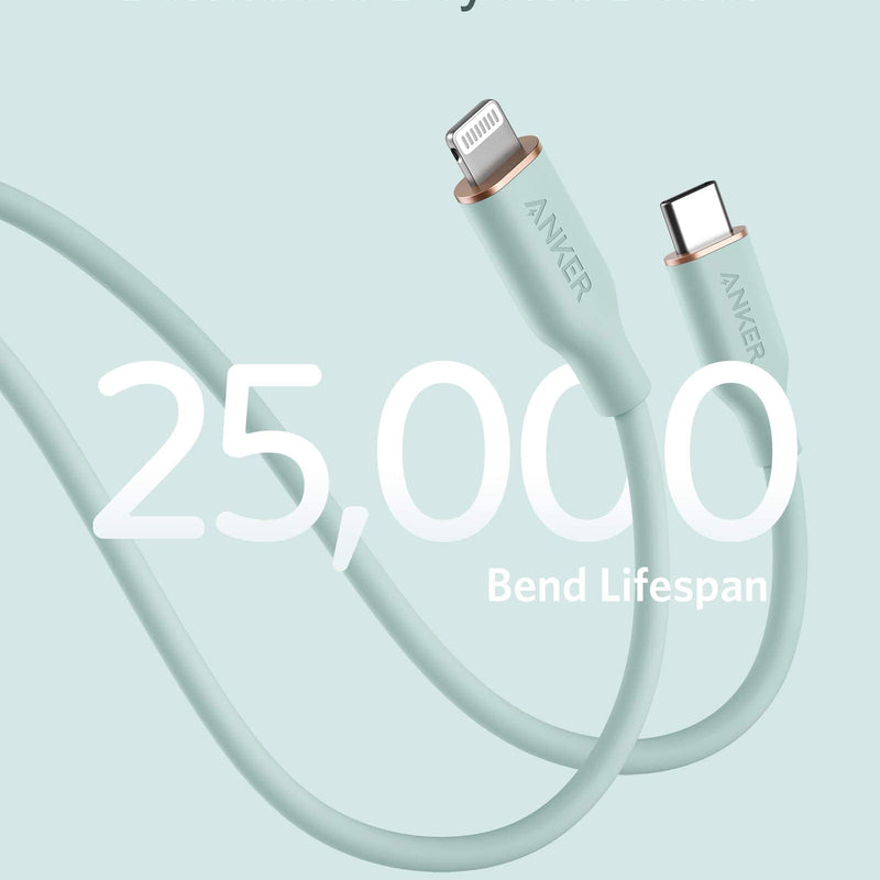 Anker 641 USB-C to Lightning charging cable in midnight black with silicone coating, 3 feet long for Apple device charging.
