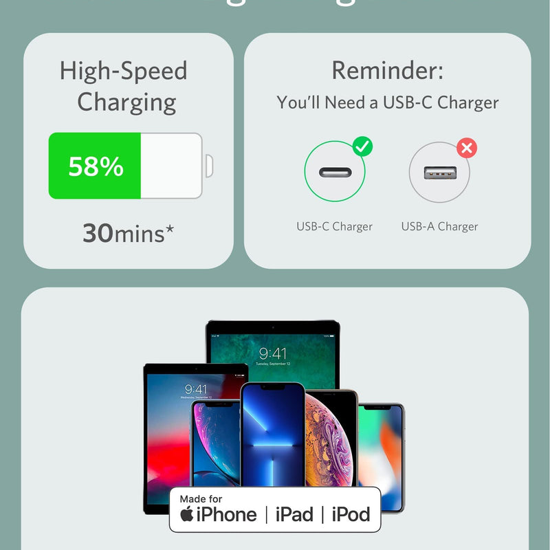 Anker 641 USB-C to Lightning charging cable in midnight black with silicone coating, 3 feet long for Apple device charging.