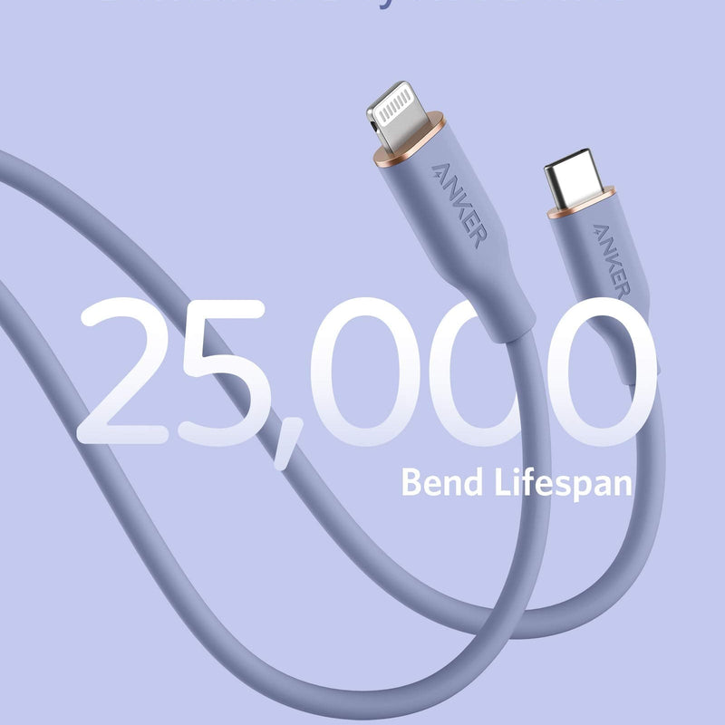 Anker 641 USB-C to Lightning charging cable, 3ft silicone flow design in midnight black, for fast device charging.