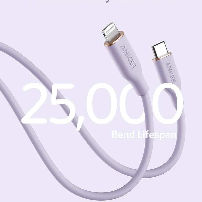 Anker 641 USB-C to Lightning cable in midnight black, silicone, designed for charging devices with a 3ft length.