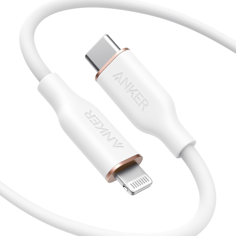Anker 641 USB-C to Lightning charging cable in midnight black with silicone coating, 3ft length for Apple device charging.