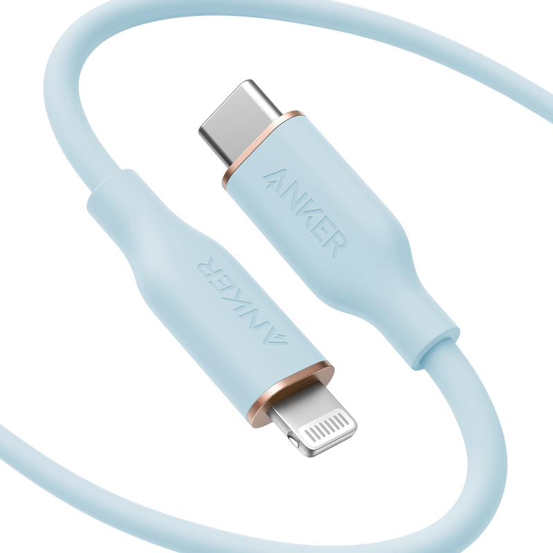 Anker 641 USB-C to Lightning charging cable in midnight black, silicone design, 3 feet long, for Apple device charging.