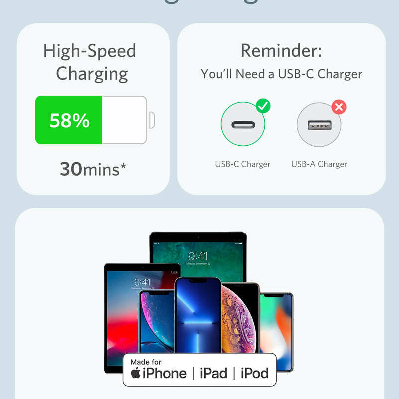 Anker 641 USB-C to Lightning charging cable in midnight black with silicone coating, 3ft length for Apple device charging.
