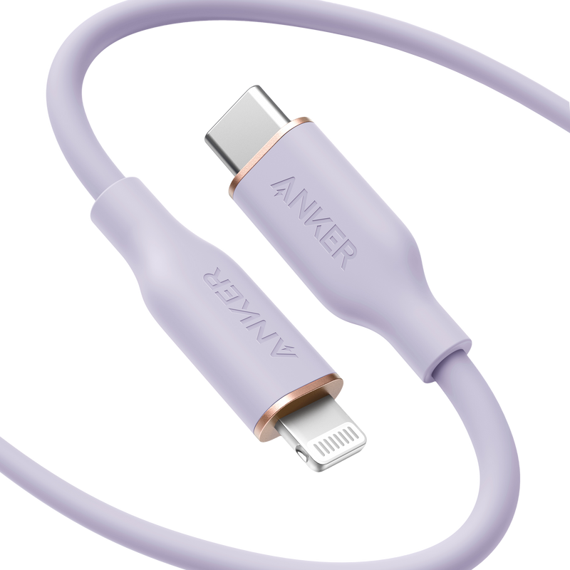 Anker 641 USB-C to Lightning charging cable in midnight black with silicone coating, 3ft length for Apple device charging.