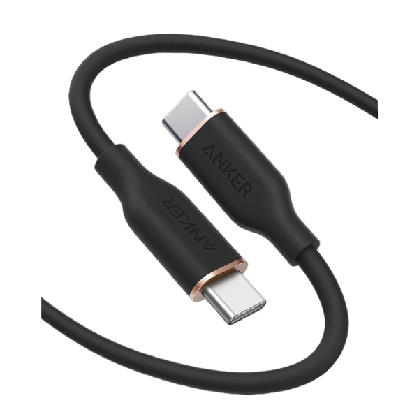 Anker 643 USB-C to USB-C charging cable with silicone coating, 6ft length, midnight black color for fast charging devices.
