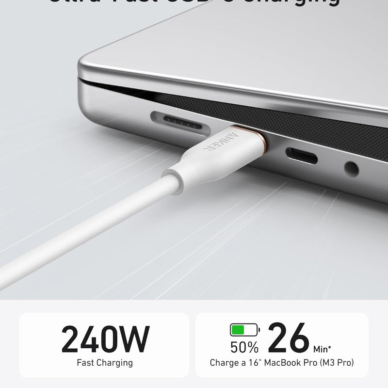 Anker 643 USB-C to USB-C charging cable, 6ft silicone Flow design in midnight black for fast device charging.