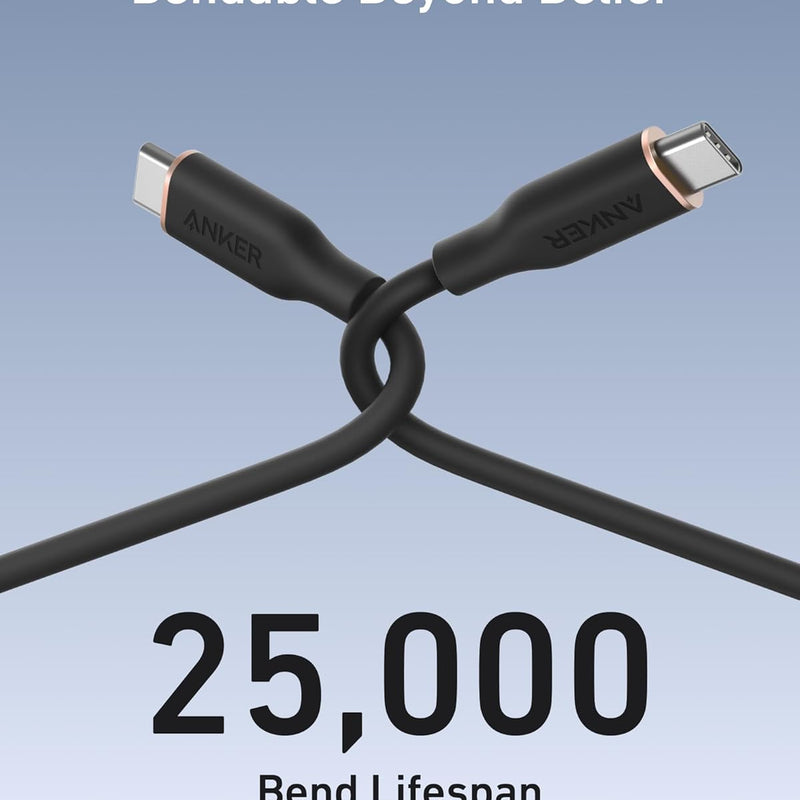 Anker 643 USB-C to USB-C charging cable, 6ft silicone flow design in midnight black, for fast device charging.