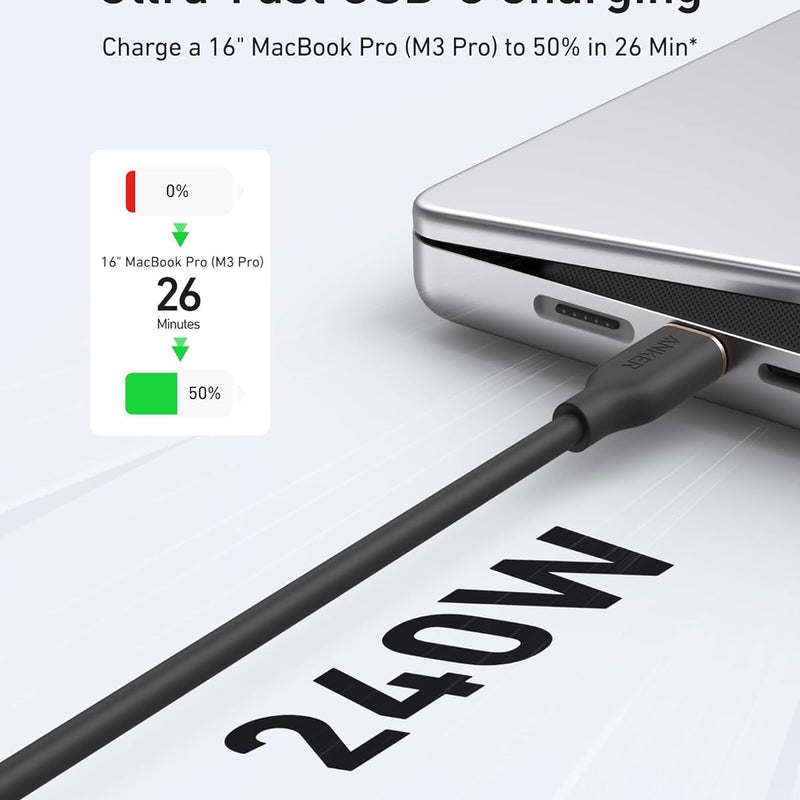 Anker 643 USB-C to USB-C charging cable, 6ft silicone Flow design in midnight black for fast charging and durable use.