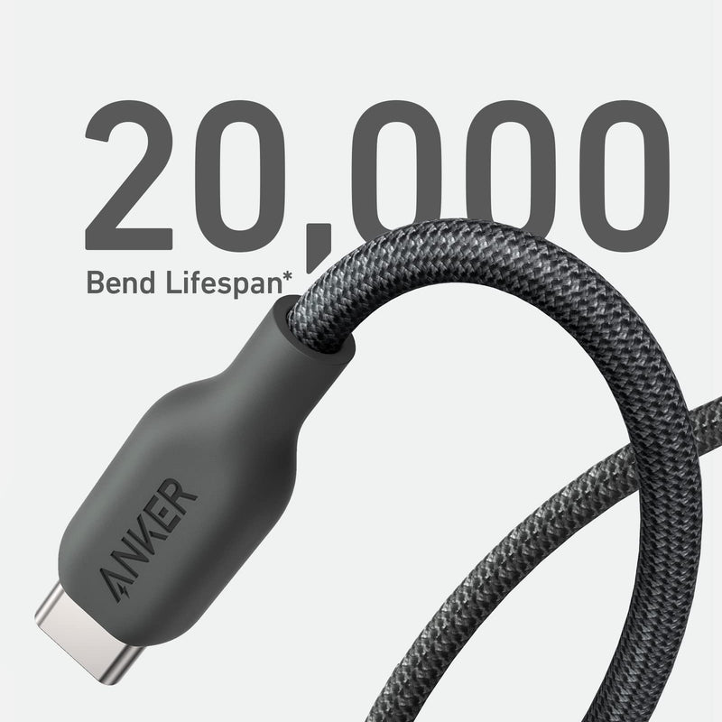 Anker 543 USB C to USB C charging cable, 10 ft black, capable of 240W power transfer, designed for fast device charging.