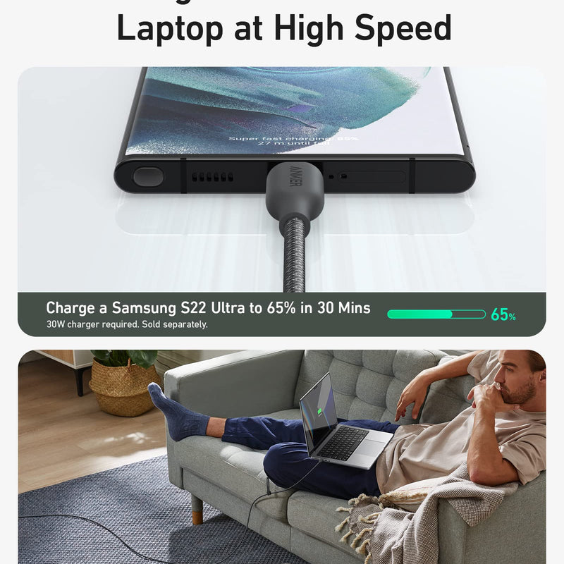 Anker 543 USB C to USB C charging cable, 10 ft, black, supports 240W power for fast charging and data transfer.