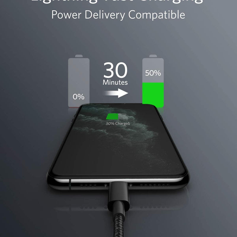 Anker 331 USB-C to Lightning charging cable in black, 1-foot length, designed for fast device charging and data transfer.