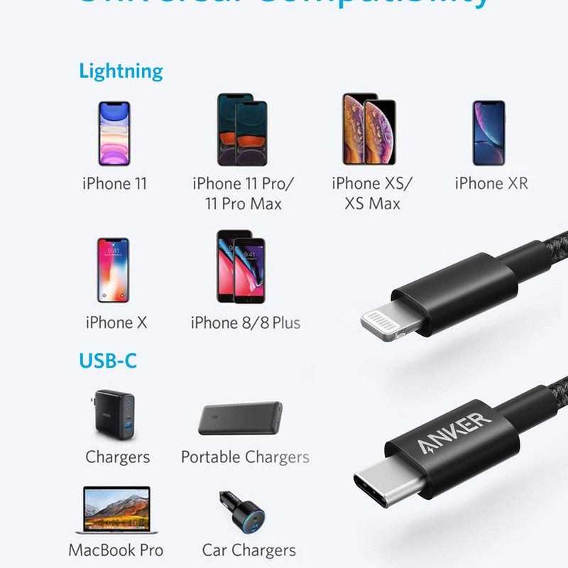 Anker 331 USB-C to Lightning charging cable in black, 1-foot length, designed for fast charging Apple devices.
