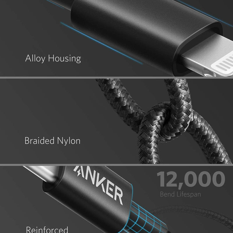 Anker 331 USB-C to Lightning charging cable in black, 1 foot long, designed for fast device charging and data transfer.