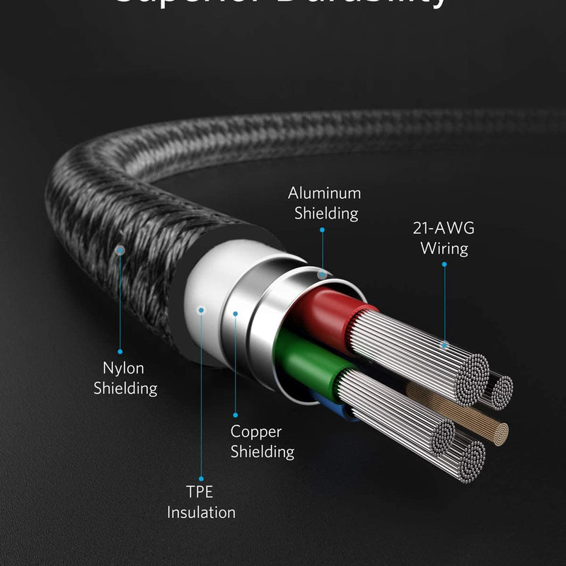 Anker 331 USB-C to Lightning charging cable in black, 1ft length for Apple device charging.