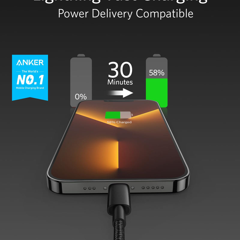 Anker 331 USB-C to Lightning charging cable, black, 1ft length, designed for fast charging Apple devices.