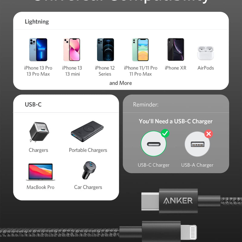 Anker 331 USB-C to Lightning charging cable in black, 1ft length, designed for fast charging and durable connection.