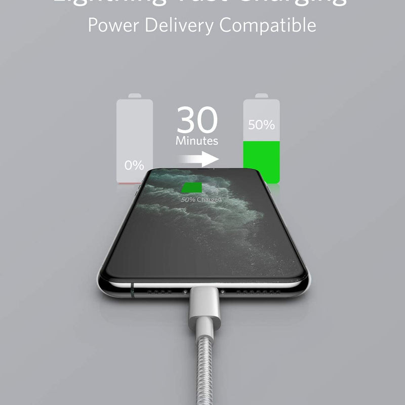 Anker 331 USB-C to Lightning charging cable in black, 1 foot long, designed for fast charging and reliable Apple device connection.