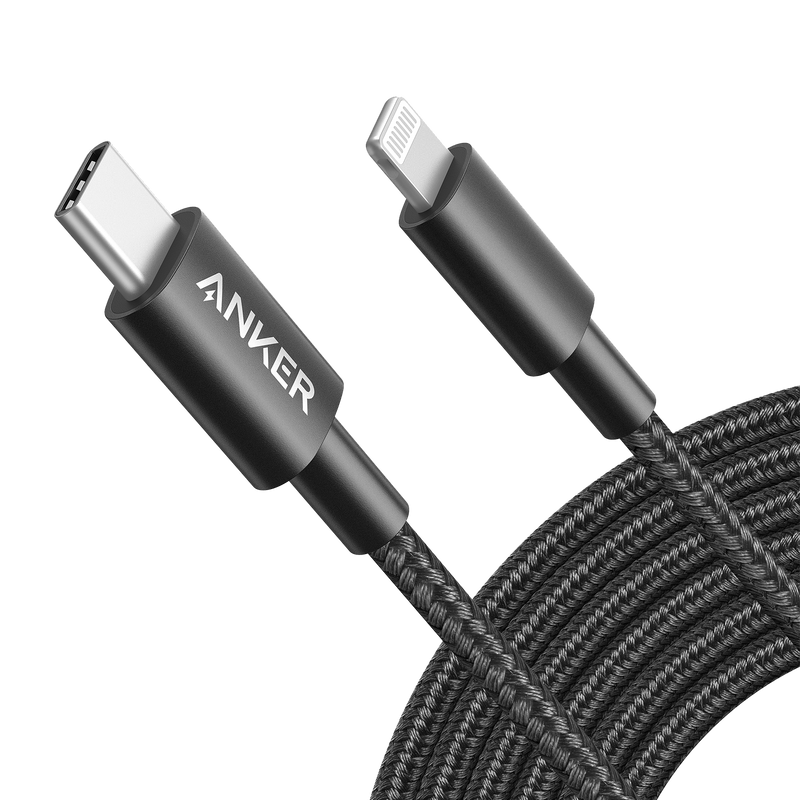 Anker 331 USB-C to Lightning charging cable, black, 1ft long, for iPhone and Apple devices.