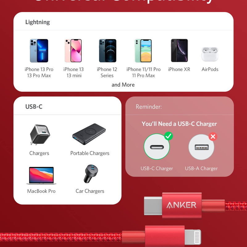 Anker 331 USB-C to Lightning charging cable, black, 1ft length, designed for fast Apple device charging.
