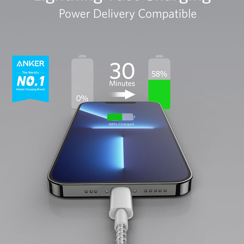 Anker 331 USB-C to Lightning charging cable, black, 1ft long, designed for fast charging Apple devices.