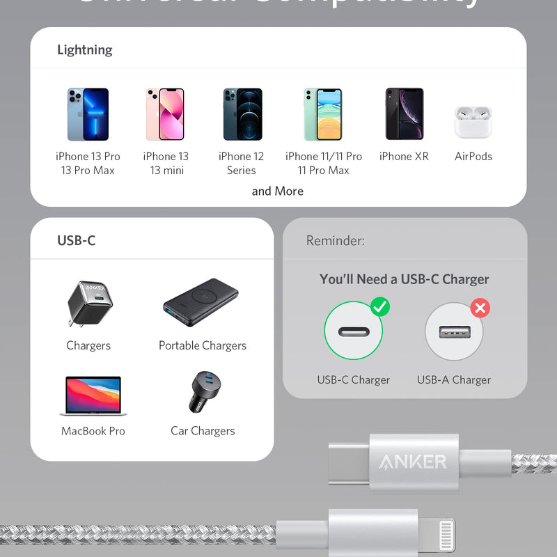 Anker 331 USB-C to Lightning charging cable, black, 1ft long, designed for fast charging iPhone and Apple devices.