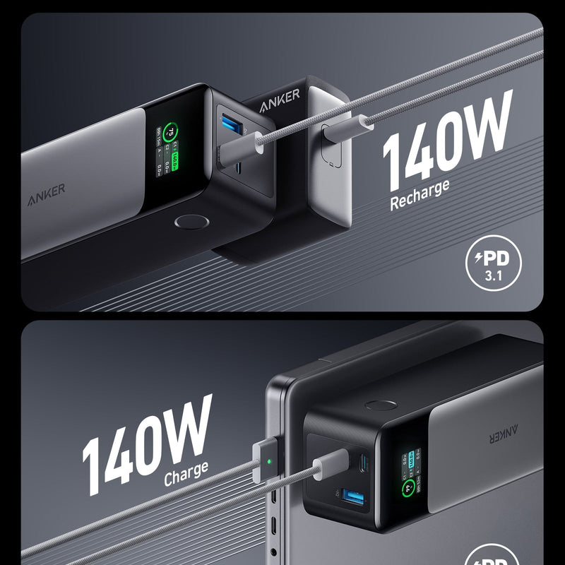Anker 737 Power Bank (PowerCore 24K) in black, portable charging device with multiple ports for on-the-go mobile device power.