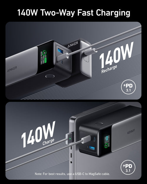Anker PowerCore 24K portable power bank for charging devices, shown with USB ports and sleek black design.